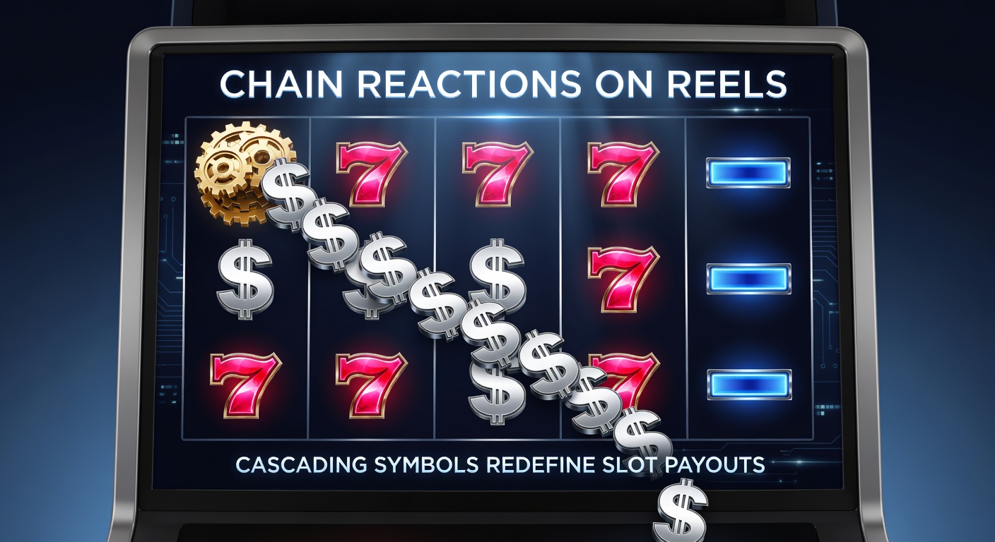 Animated cascading reels showing symbols tumbling down after a win, creating chain reactions on a vibrant slot machine interface