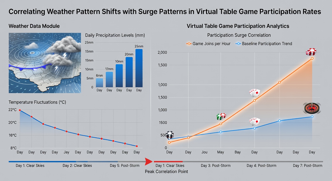 Map visualization of regional weather events matched to participation rate increases in virtual table games
