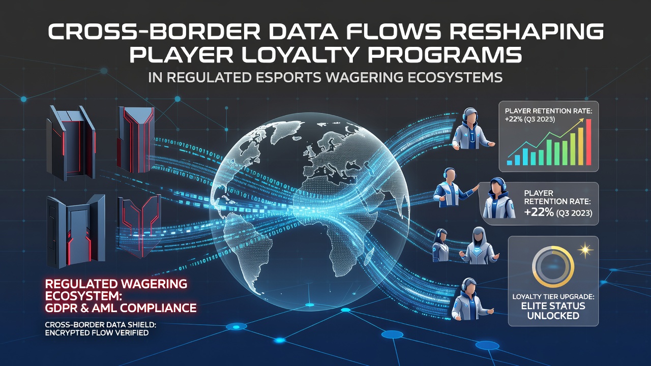 Visual representation of data streams connecting global esports wagering platforms and loyalty program networks across regulated borders