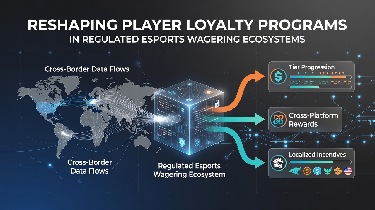 Diagram showing interconnected loyalty program databases handling esports wagering data across international regulatory boundaries