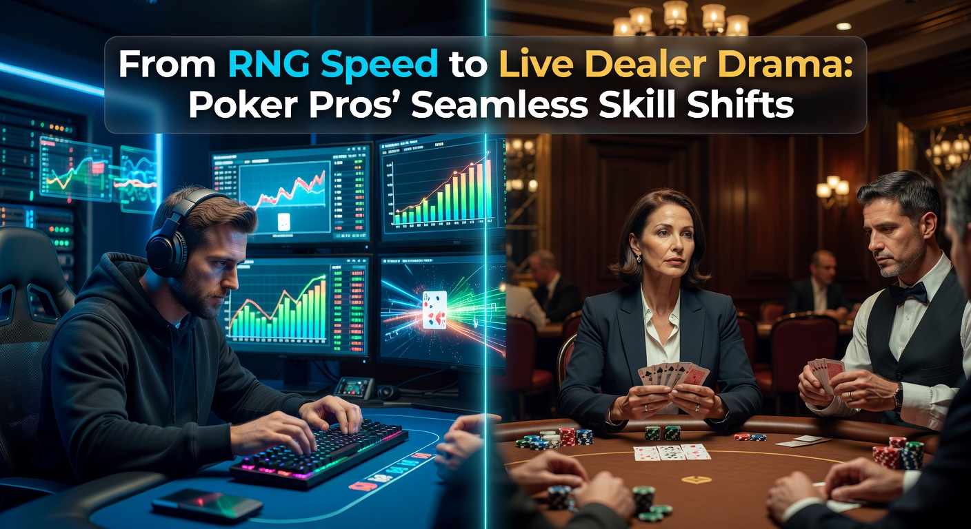 Poker professional multitasking between online RNG screens and a live dealer table, highlighting the shift in environments