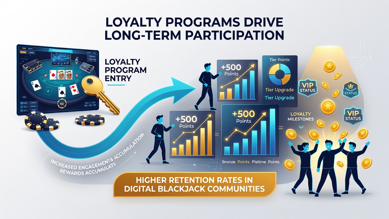 Group of online blackjack players engaging in community chat while viewing loyalty dashboard metrics