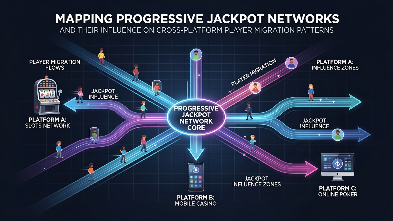 Network diagram illustrating connections between progressive jackpot systems across multiple online gaming platforms