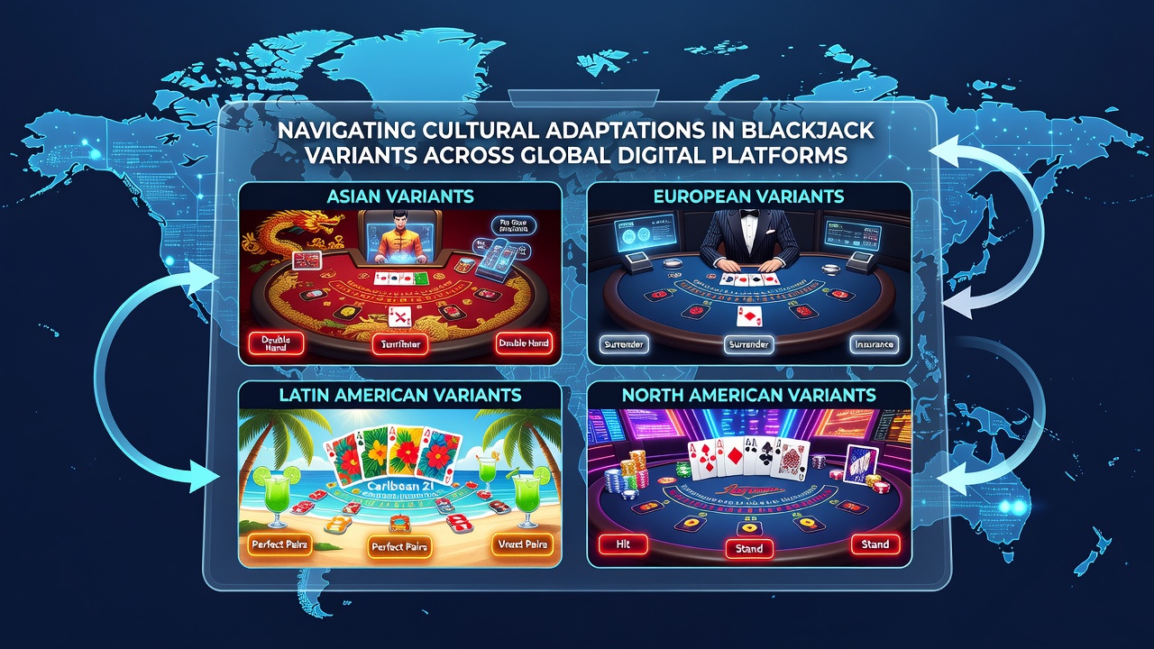 Global digital blackjack platforms showing diverse regional interfaces and cultural themes