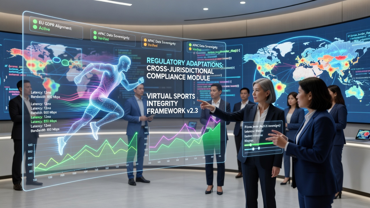 Virtual sports platform showing regulatory compliance markers on AR-enhanced match overlays