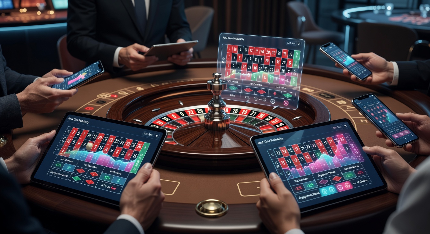 Mobile roulette interface displaying real-time data overlays including spin history and probability charts on a portable device screen