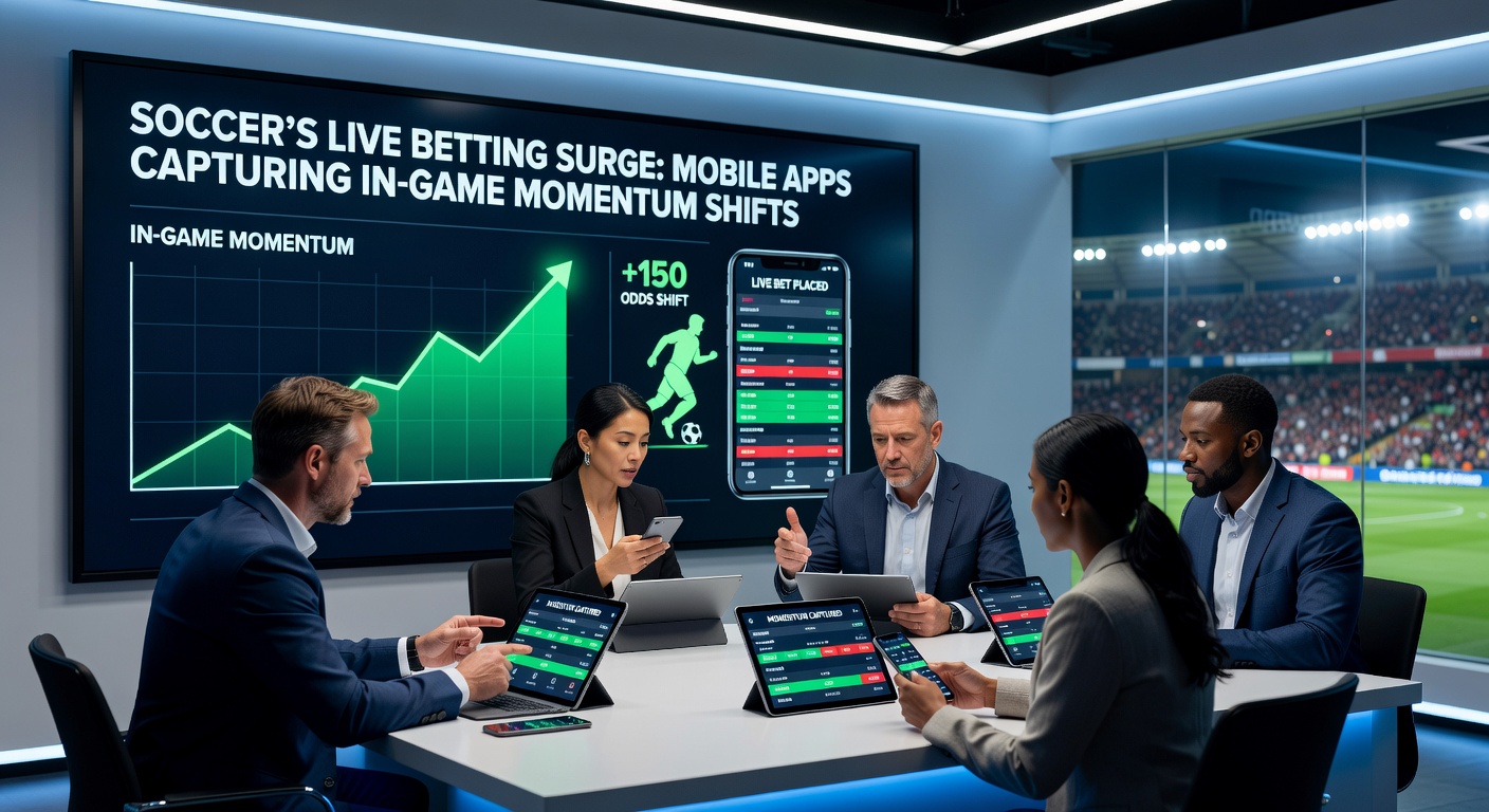Close-up of a soccer field during a momentum shift, with overlaid graphics showing live betting odds changing on a mobile screen