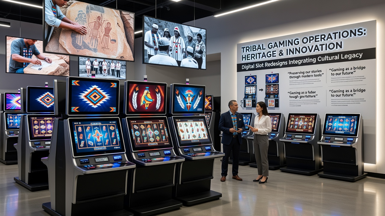 Close-up view of a digital slot screen displaying tribal heritage symbols alongside modern interface elements during gameplay