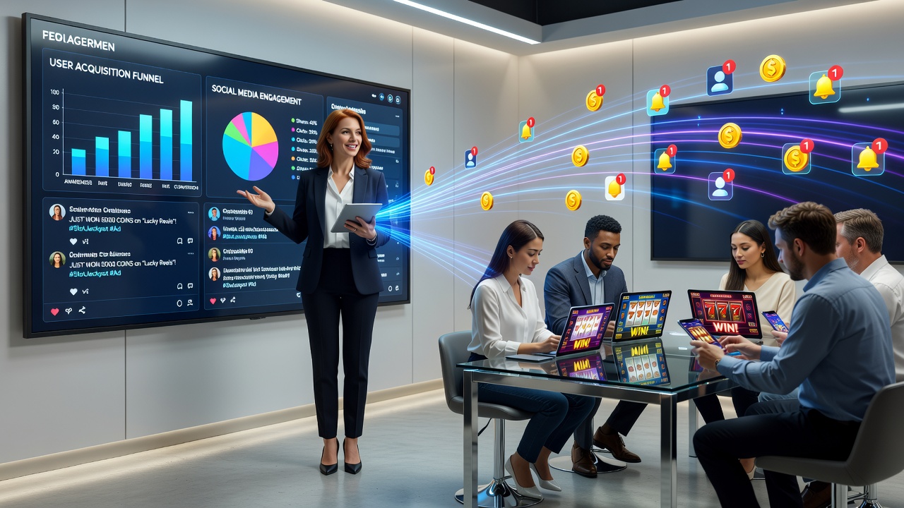 Social media influencers engaging with online slot community members through live streams and promotional content on mobile devices