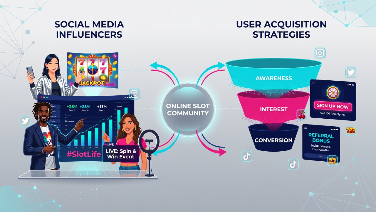 Analytics dashboard displaying user acquisition metrics from social media campaigns targeting online slot players