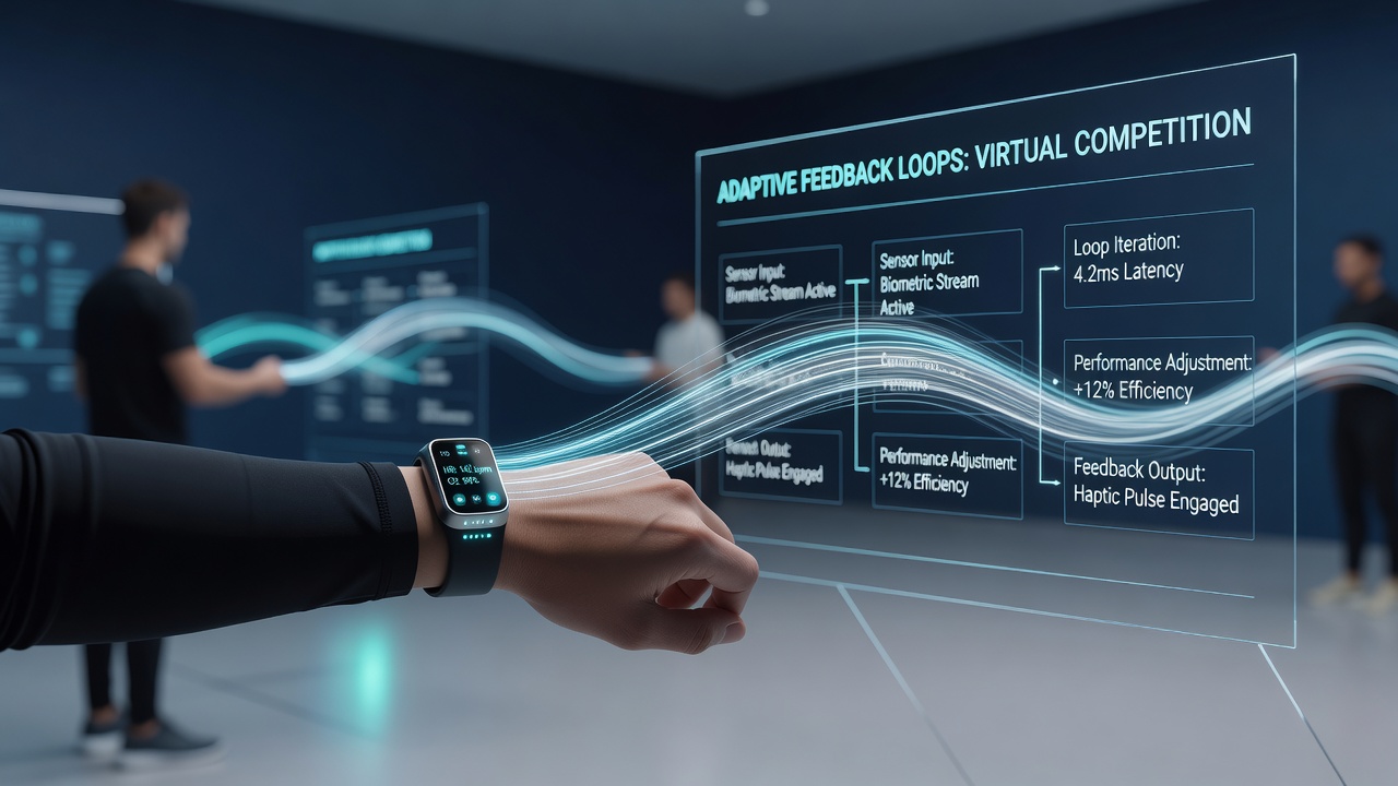 Wearable sensors integrated with virtual competition interfaces showing real-time biometric feedback visualization