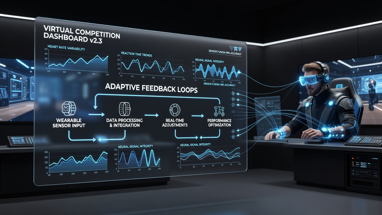 Detailed view of data integration pathways between wearable sensors and adaptive virtual competition displays