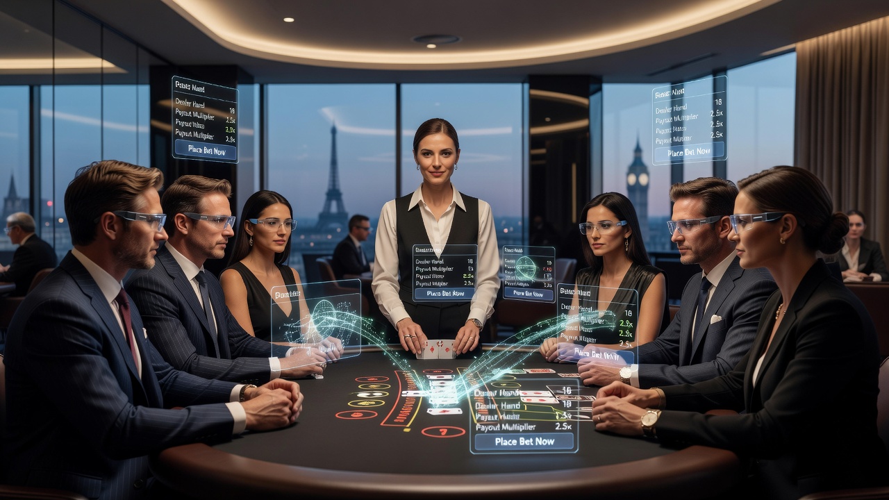 Close-up view of augmented reality statistics displayed over a live blackjack table on a tablet screen